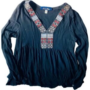 Blue Rain Black Embroidered V Neck Long Sleeve Babydoll Rayon Tunic Top S